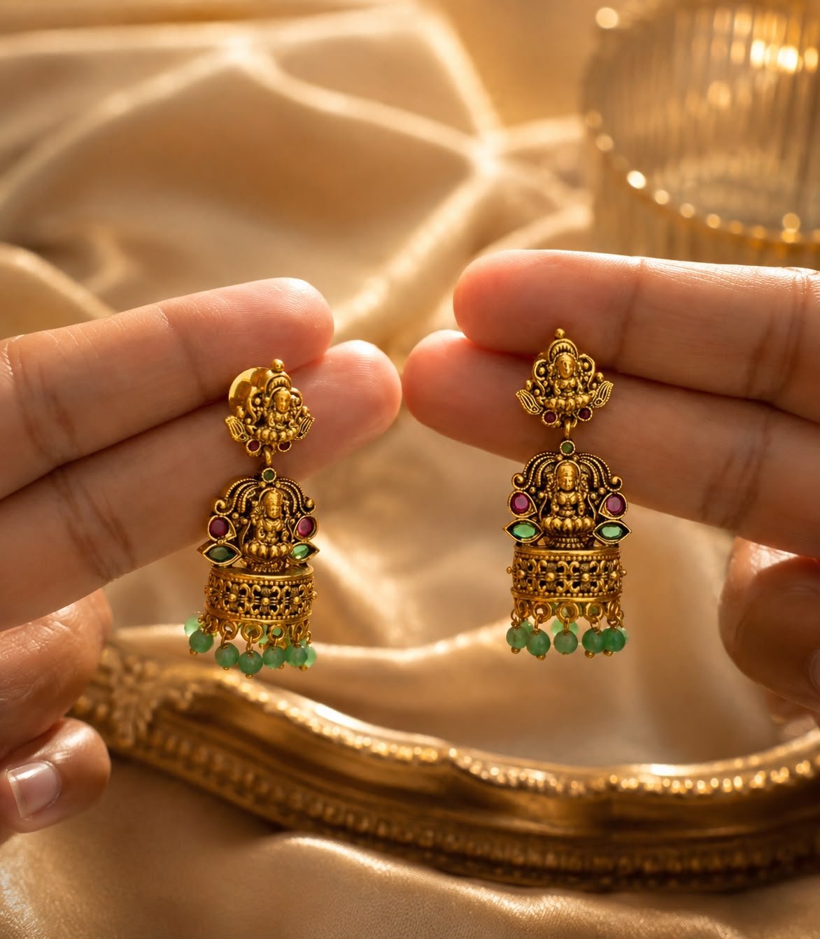 Lakshmi Jhumka With Pastel Green Beads — view 1