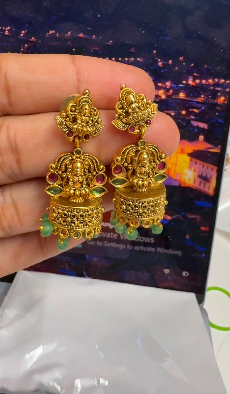 Lakshmi Jhumka With Pastel Green Beads — view 2