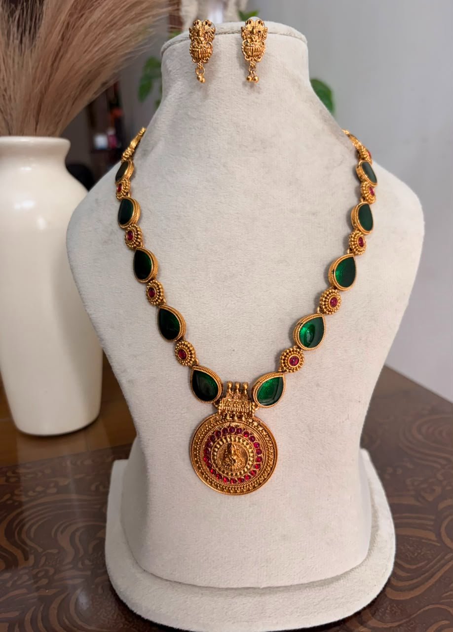 Long Haram with Green Motifs and Lakshmi Pendant — view 1