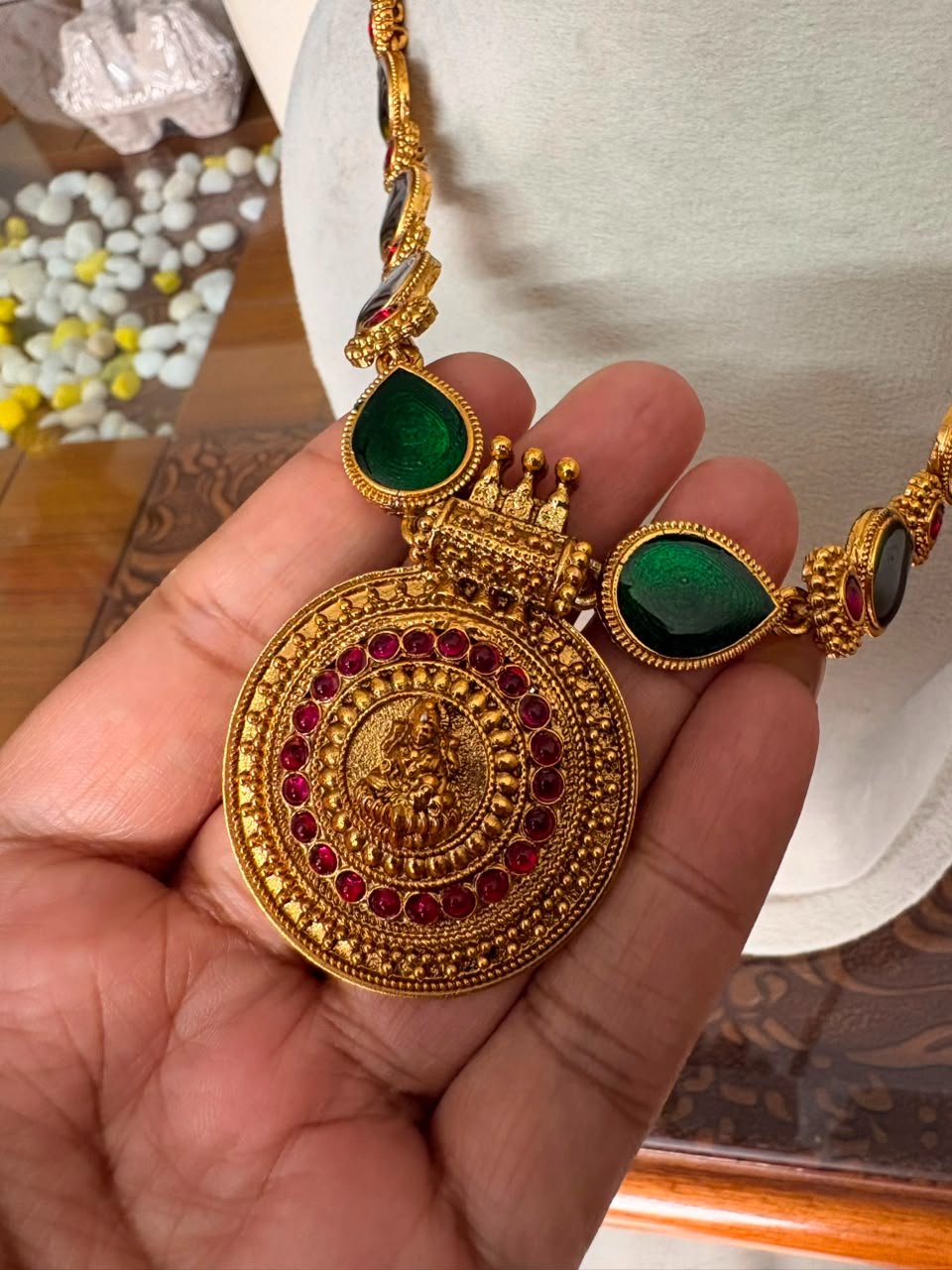 Long Haram with Green Motifs and Lakshmi Pendant — view 2