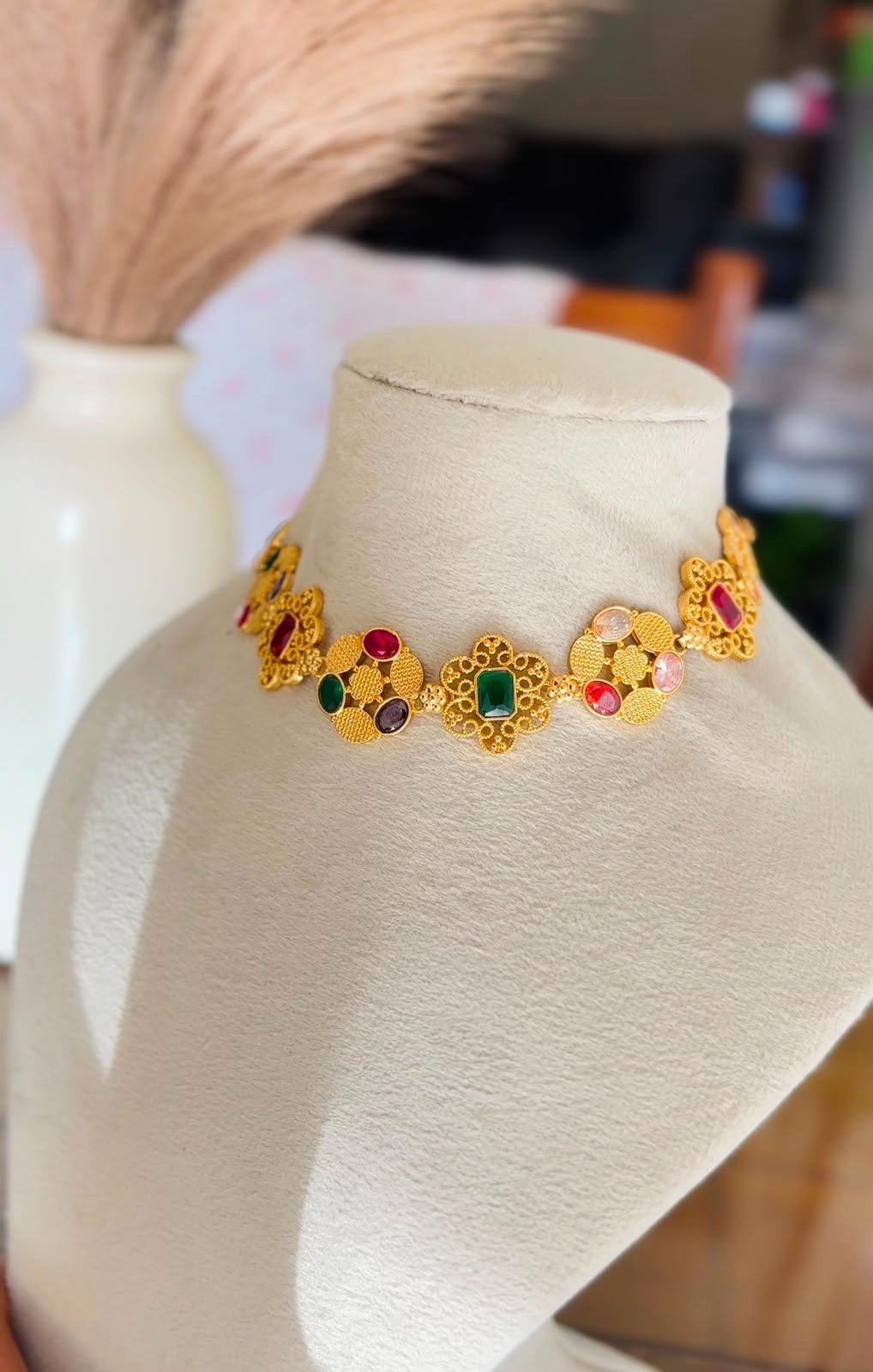 18K Gold Plated Navratna Bridal Choker Necklace — view 1