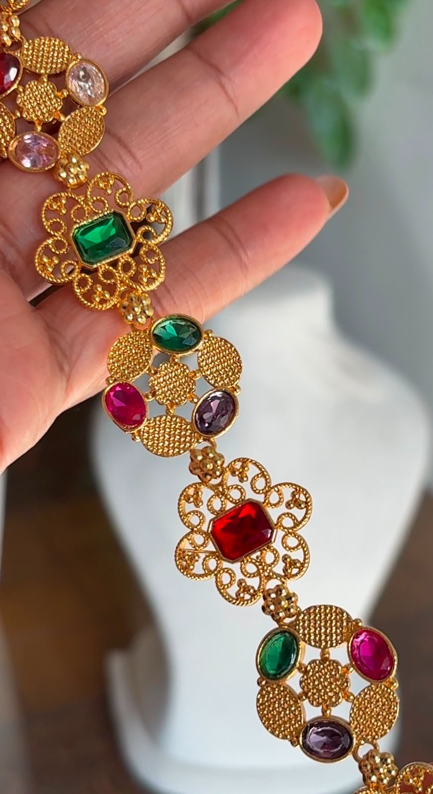 18K Gold Plated Navratna Bridal Choker Necklace — view 2