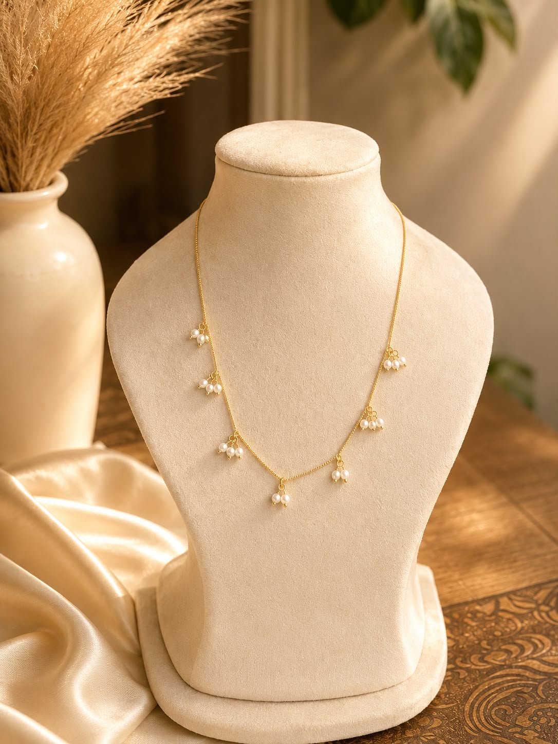 Gold Plated Pearl Hanging Invisible Necklace — view 1