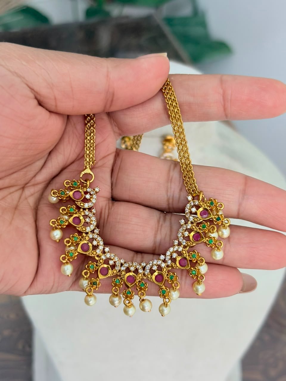 Green and Ruby stoned necklace with pearl hangings — view 2