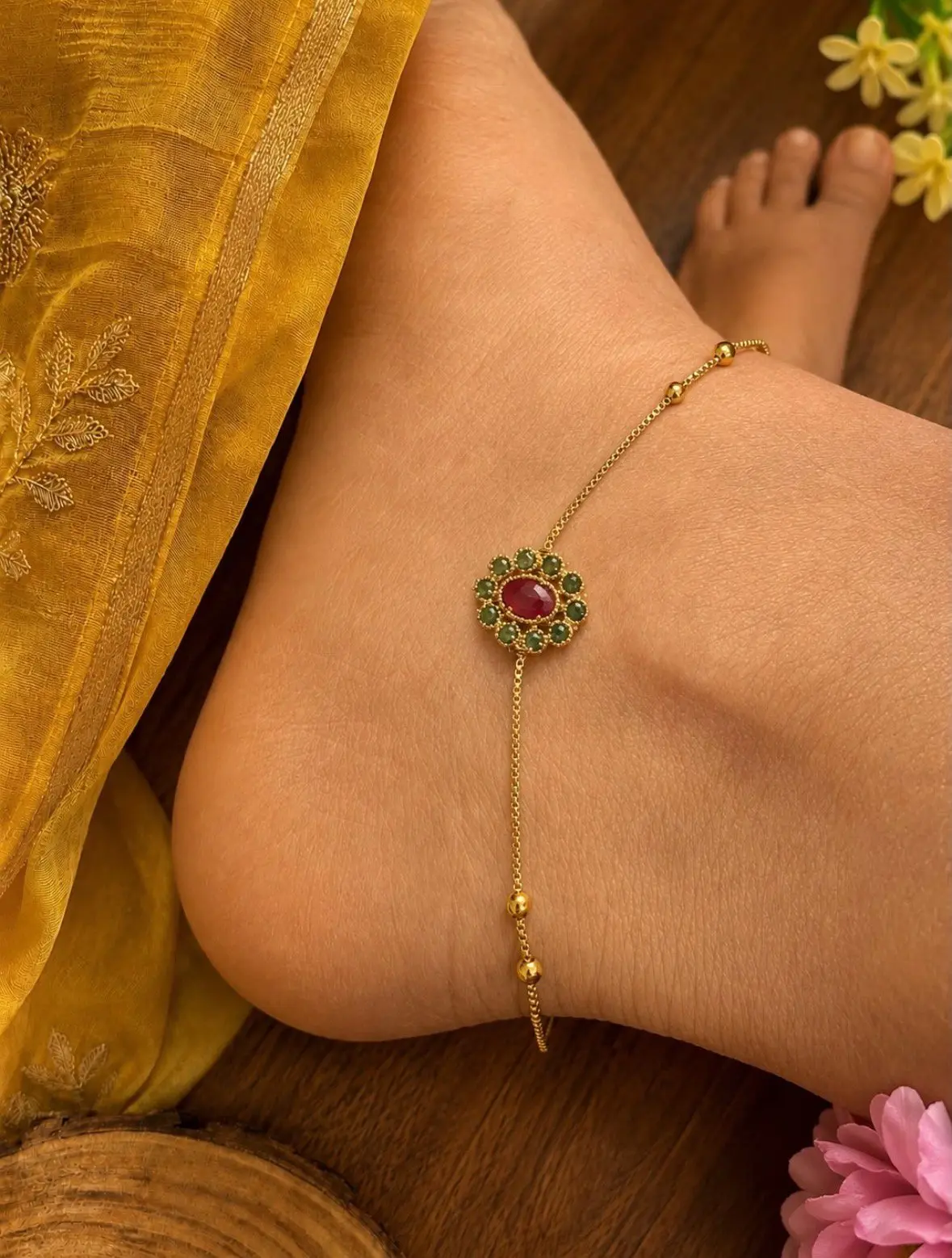 Ruby emarald stone anklet — view 1