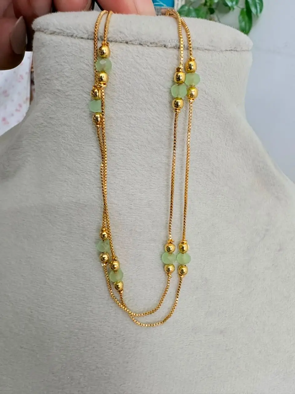 Gold Plated Pastel Green Bead Anklet — view 2