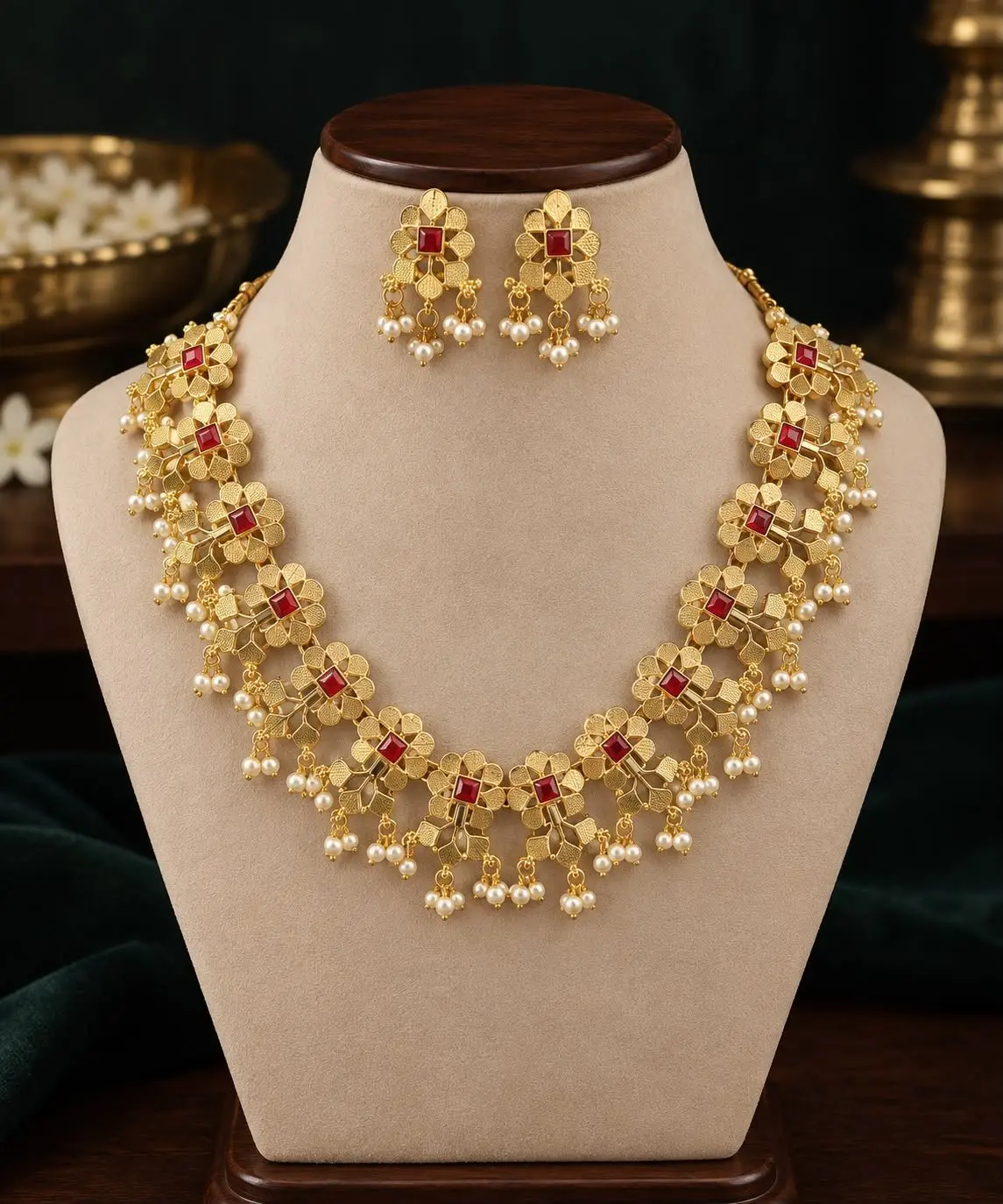 Flower Necklace With Orange Stone And Pearl Drops — view 1