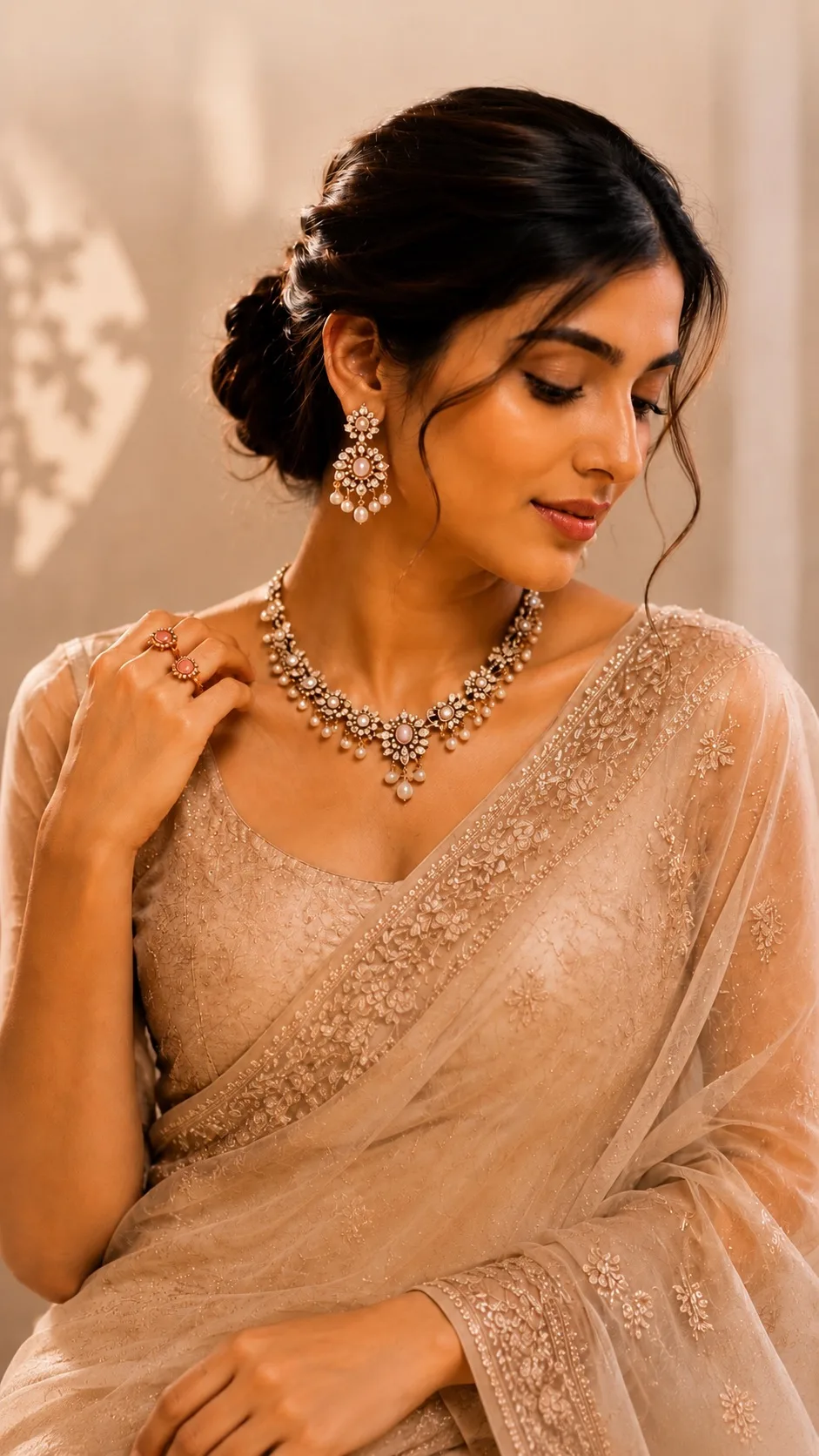 Model wearing a Mangai Signature pearl-and-kemp bridal necklace, chandbali earrings and ring over an embellished saree
