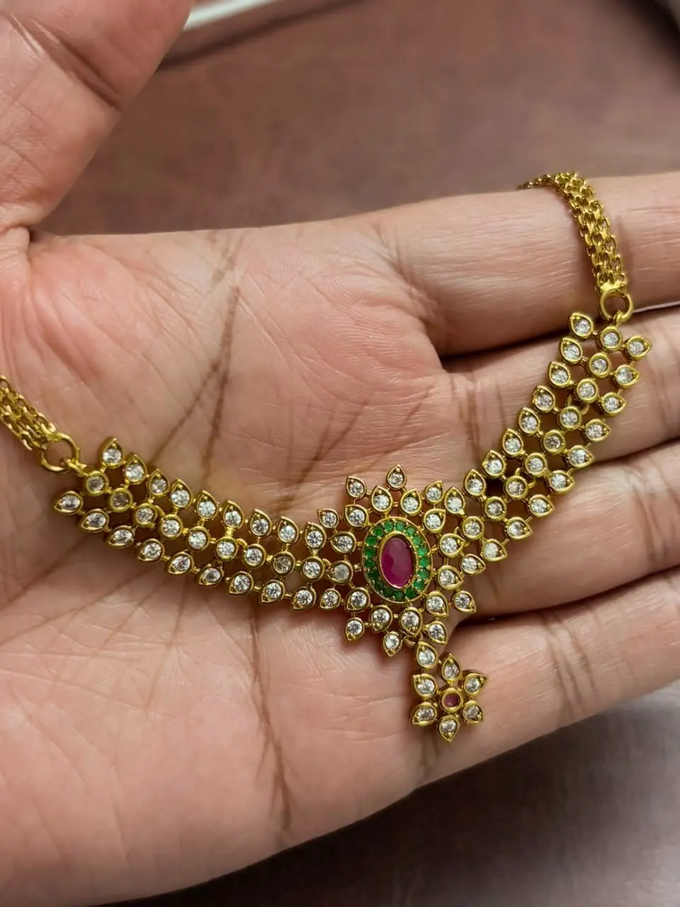 AD stoned Necklace with Ruby And Emarald Stone — view 4