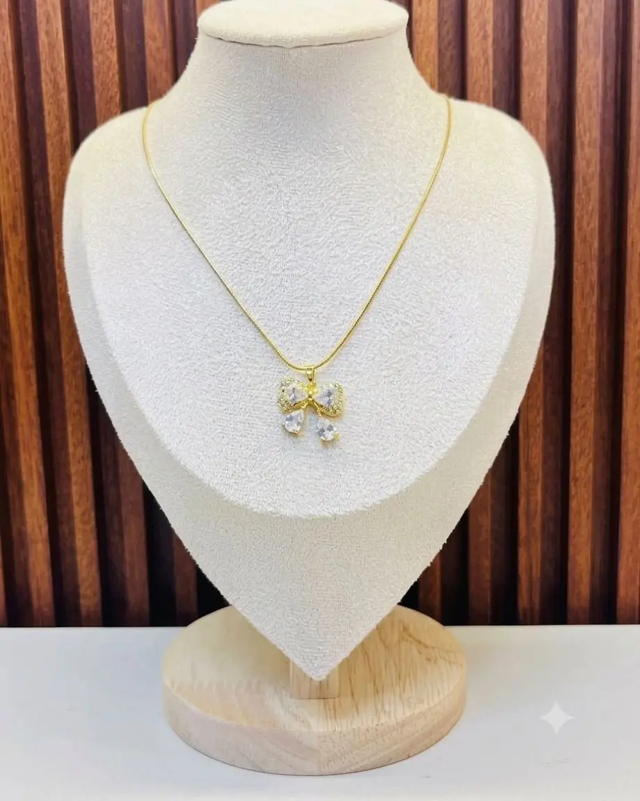 White Stoned Bow Necklace — view 2