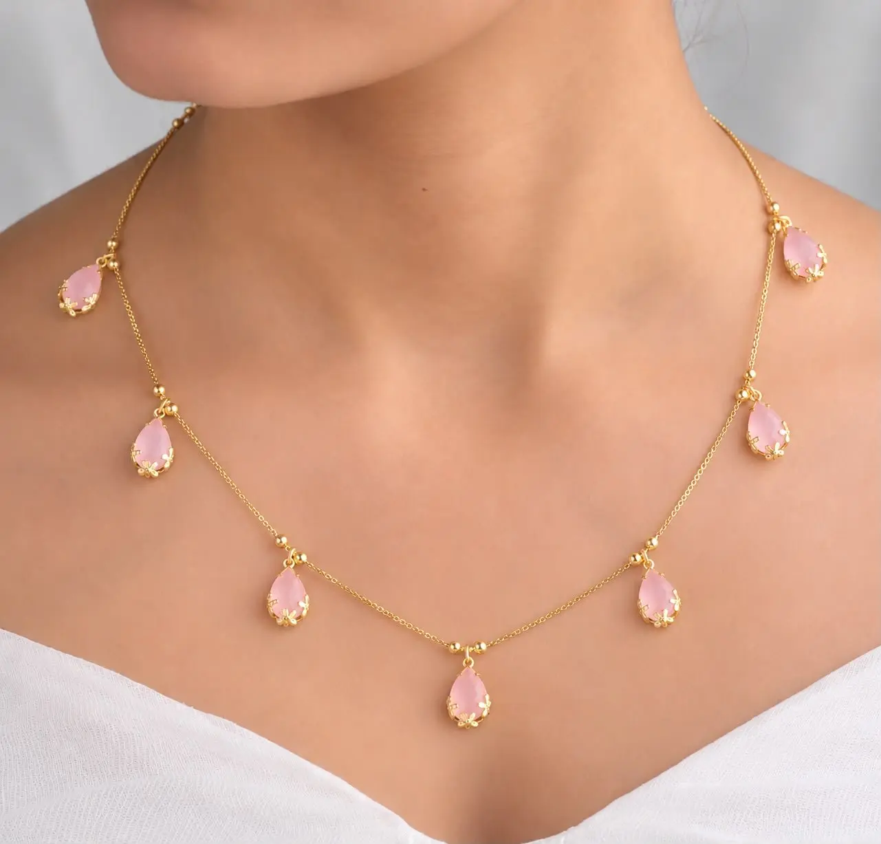 pink stone charm chain necklace — view 1