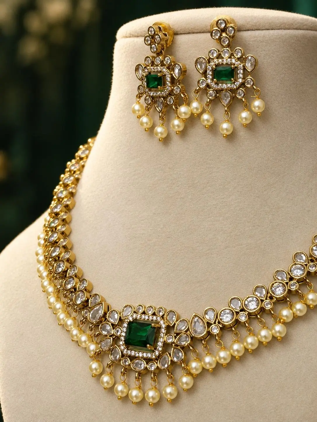 Premium Stone Necklace With Green Stone And Pearl Drops