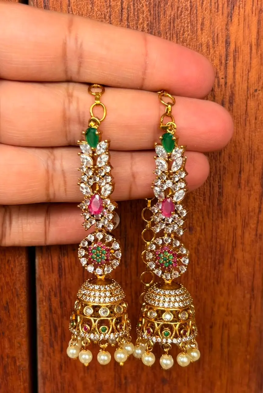 Multicolor Ad Stoned Jhumka With Earchain — alternate view