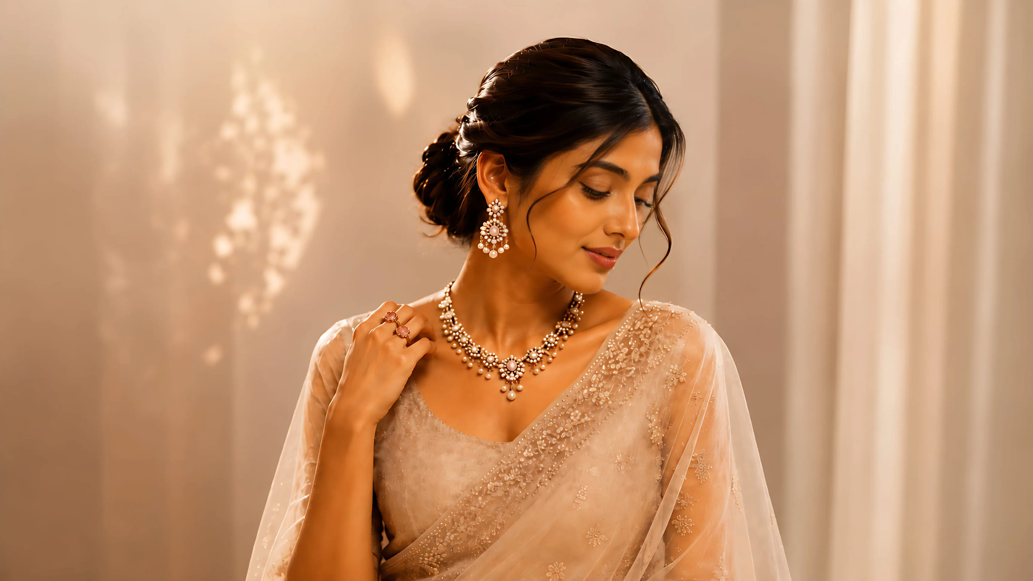 Model wearing a Mangai Signature pearl-and-kemp bridal necklace, chandbali earrings and ring over an embellished saree
