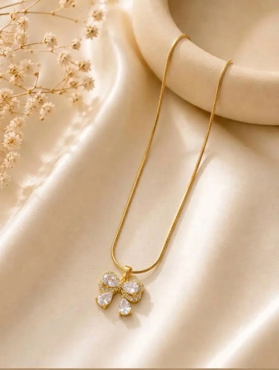 White Stoned Bow Necklace — view 1