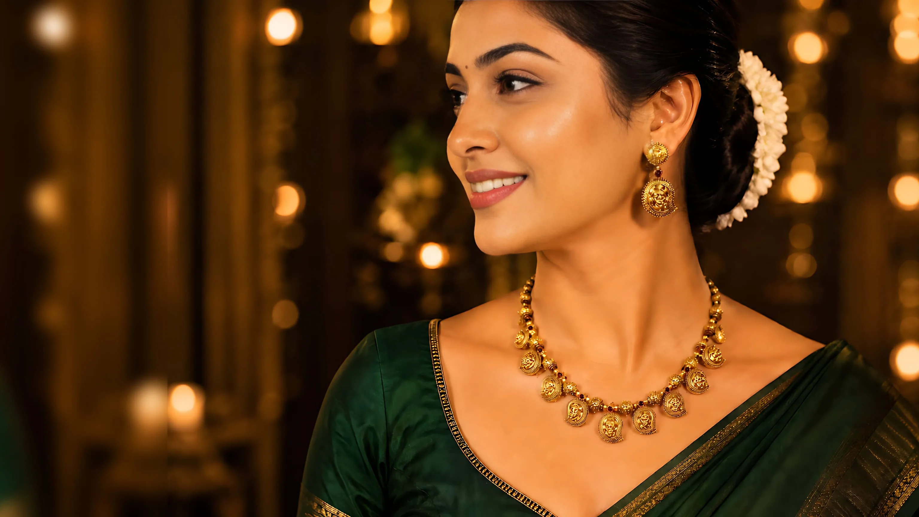 Model wearing a Mangai Signature antique gold coin necklace and jhumka earrings over a green silk saree