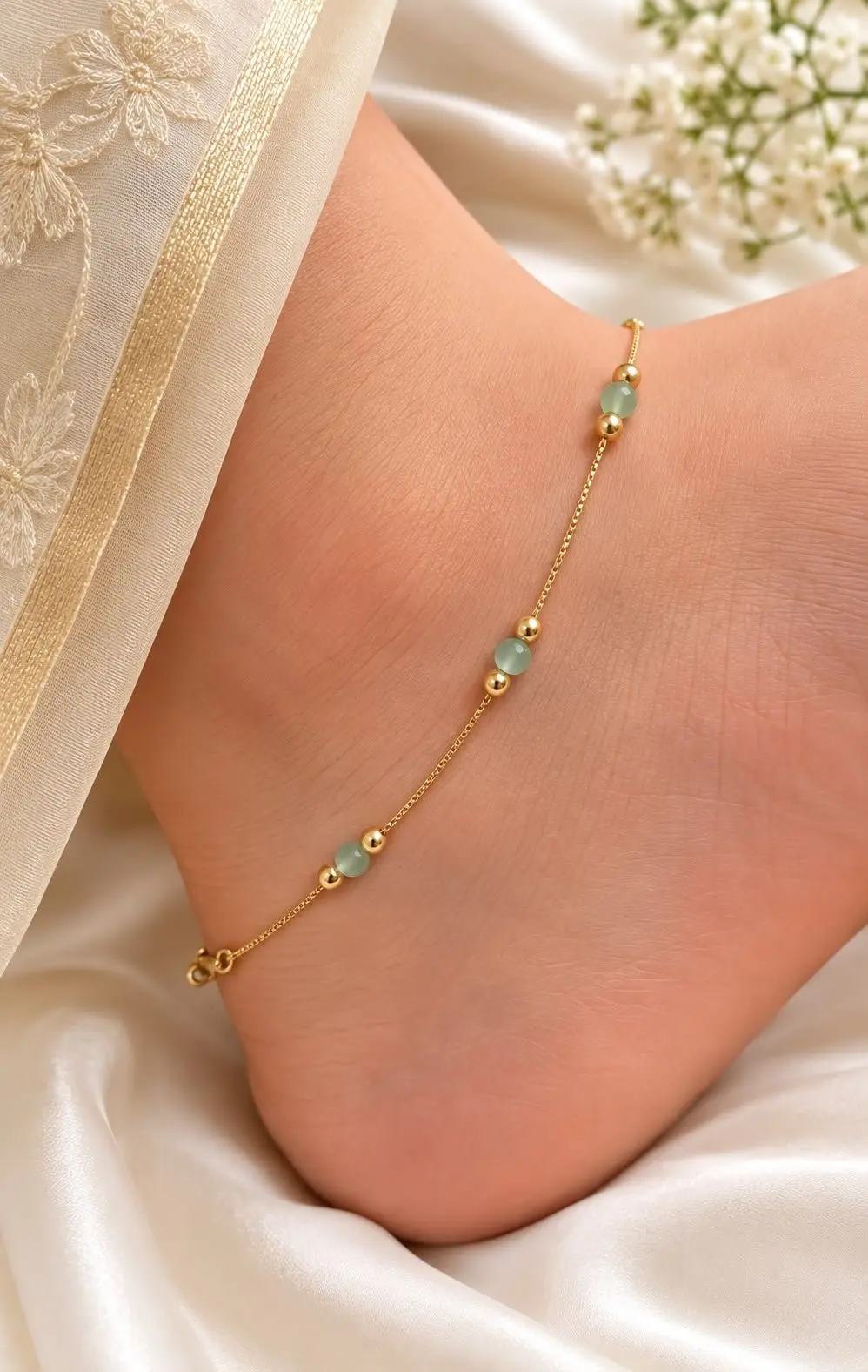 Gold Plated Pastel Green Bead Anklet — view 1