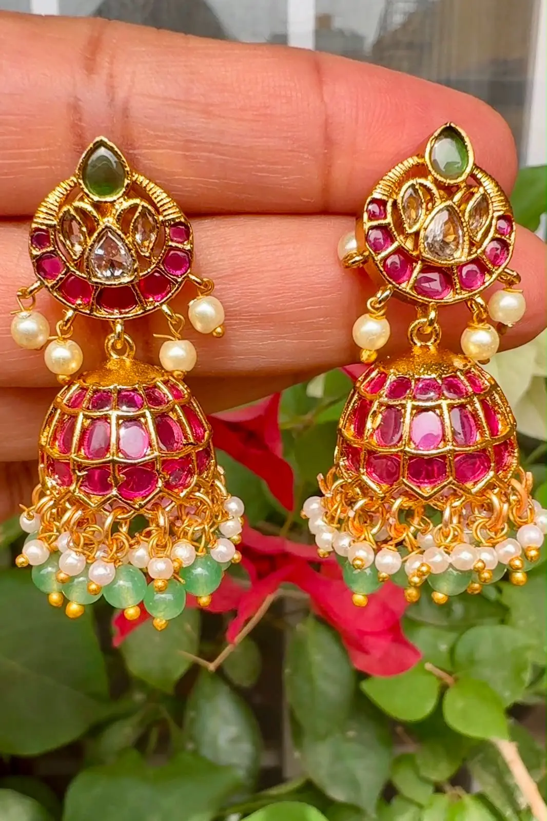 Kemp Stone Jhumka with Pearl Drops — view 2