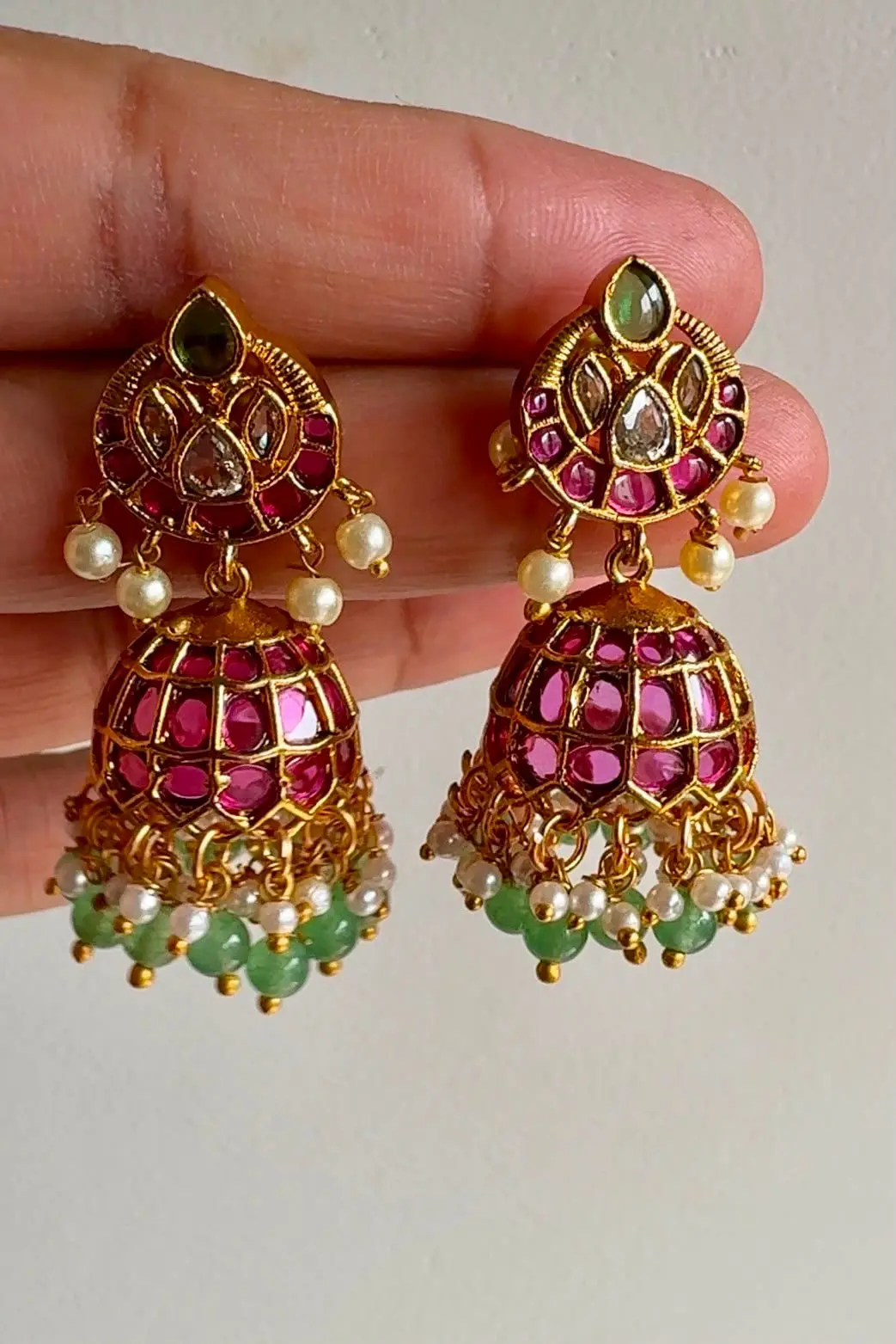 Kemp Stone Jhumka with Pearl Drops — view 3