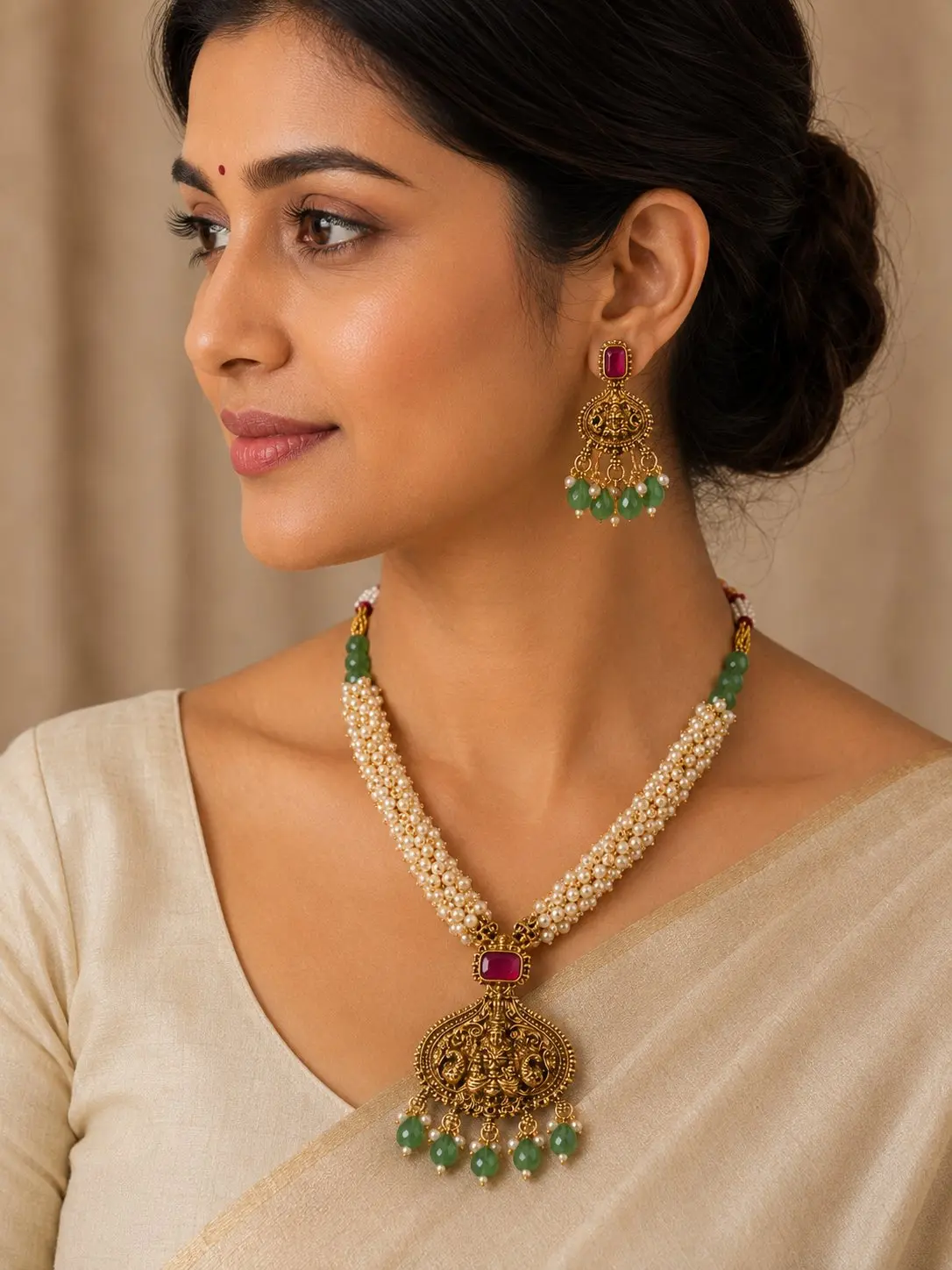 Pearl Necklace With Lakshmi Pendant Green — view 2