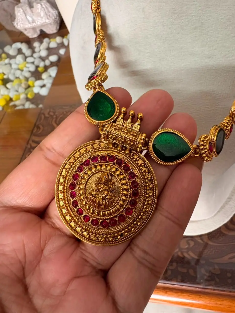 Long Haram with Green Motifs and Lakshmi Pendant — view 2