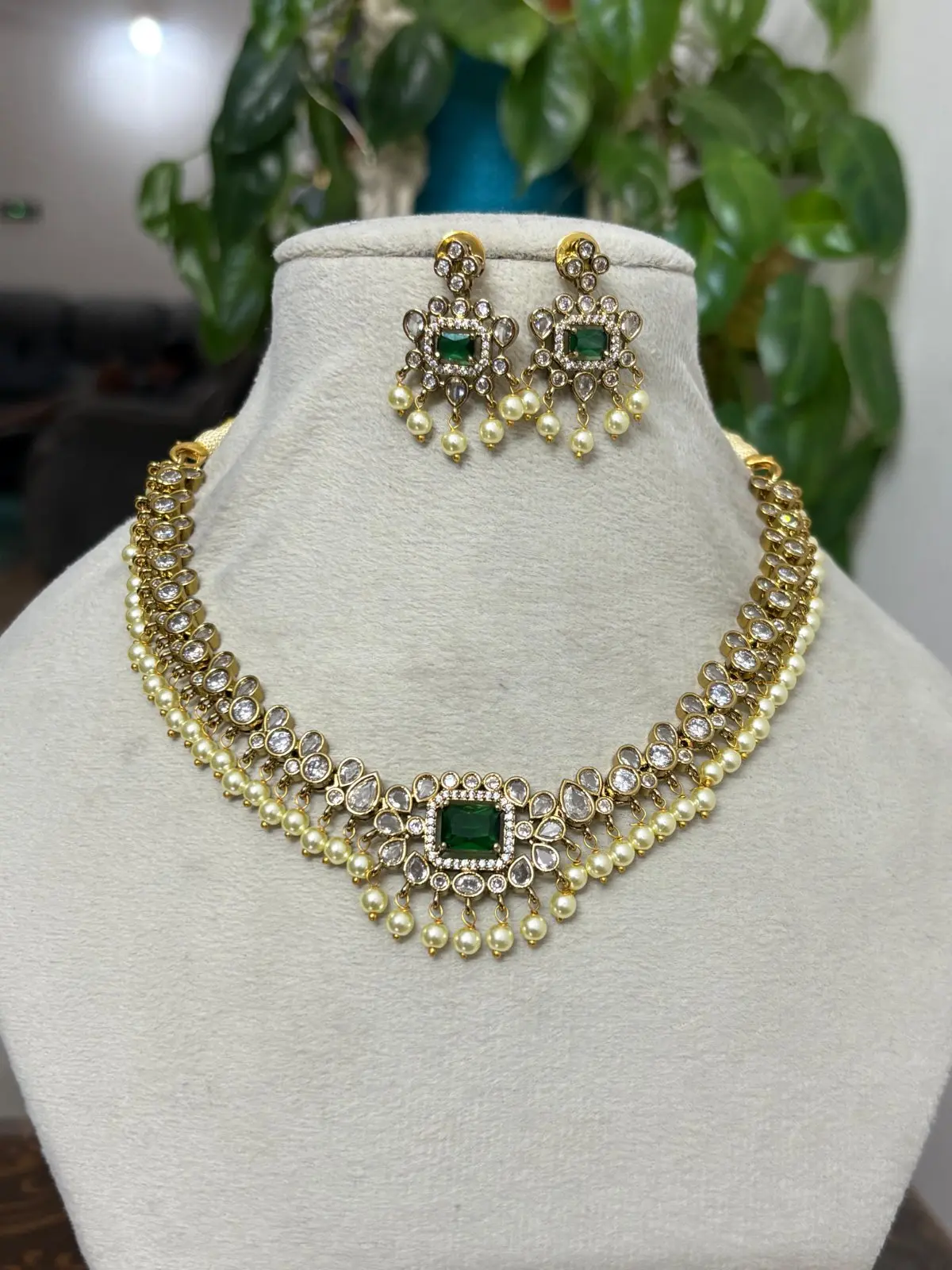 Premium Stone Necklace With Green Stone And Pearl Drops — alternate view