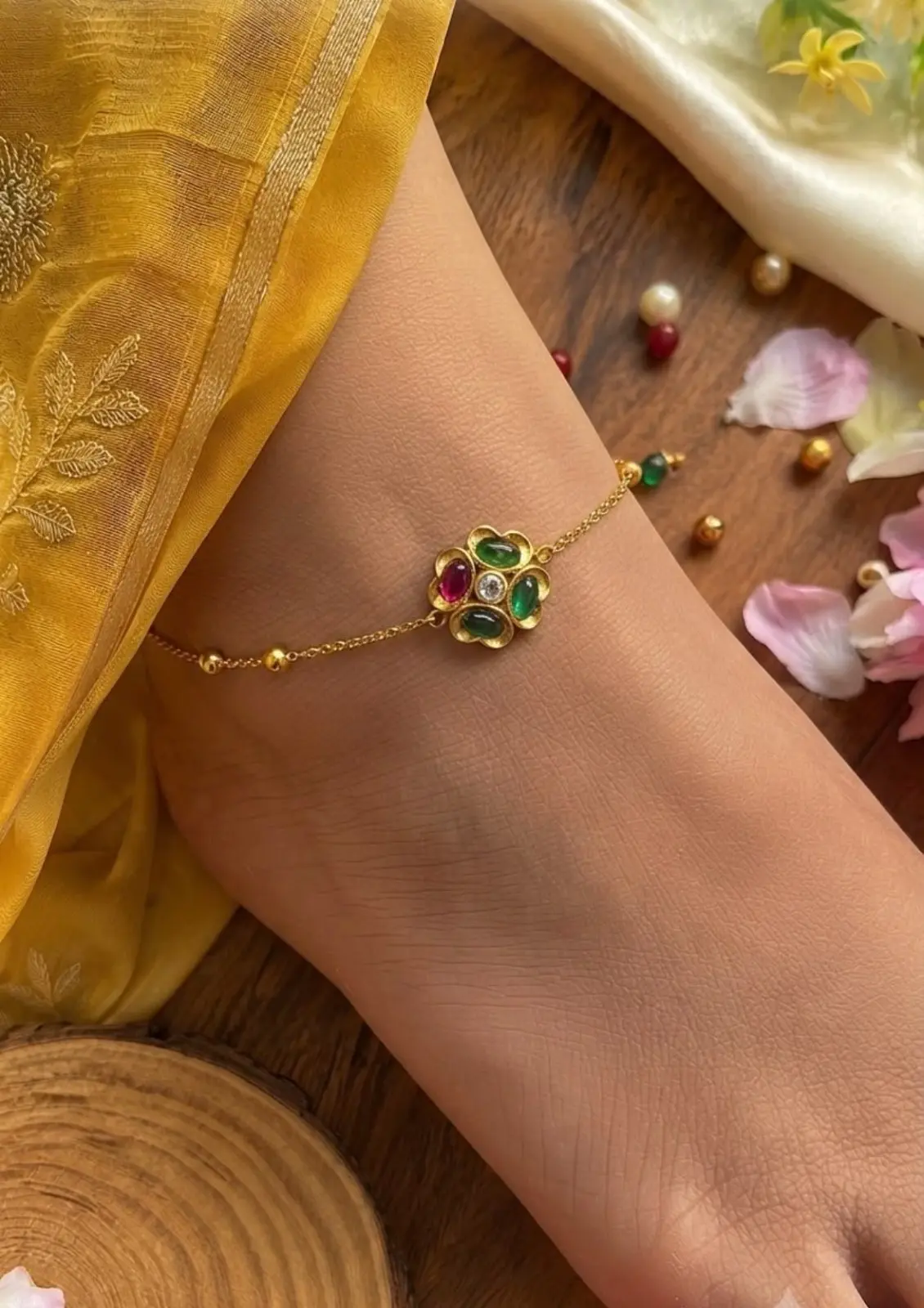 Green and red stone anklet — view 1