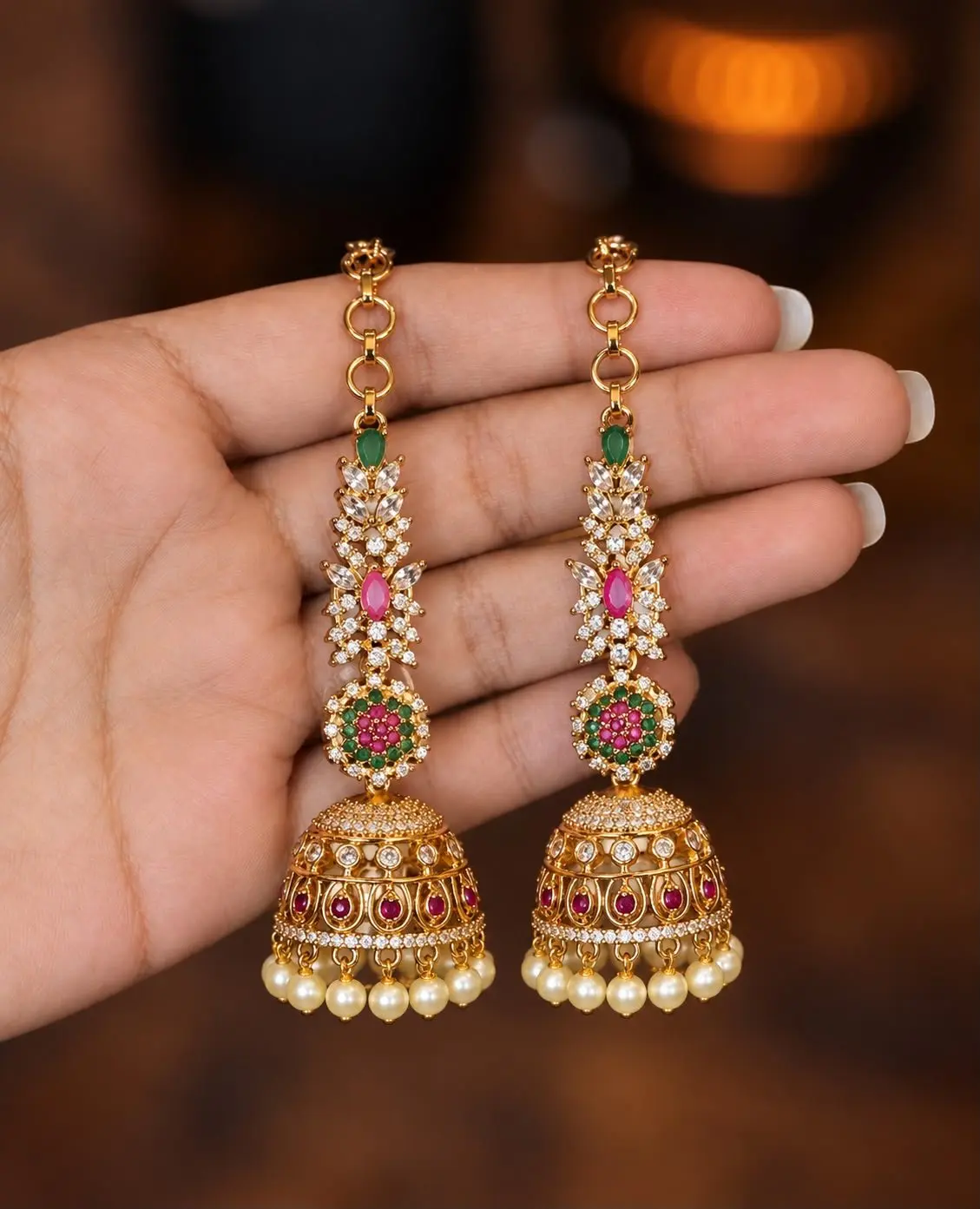Multicolor Ad Stoned Jhumka With Earchain