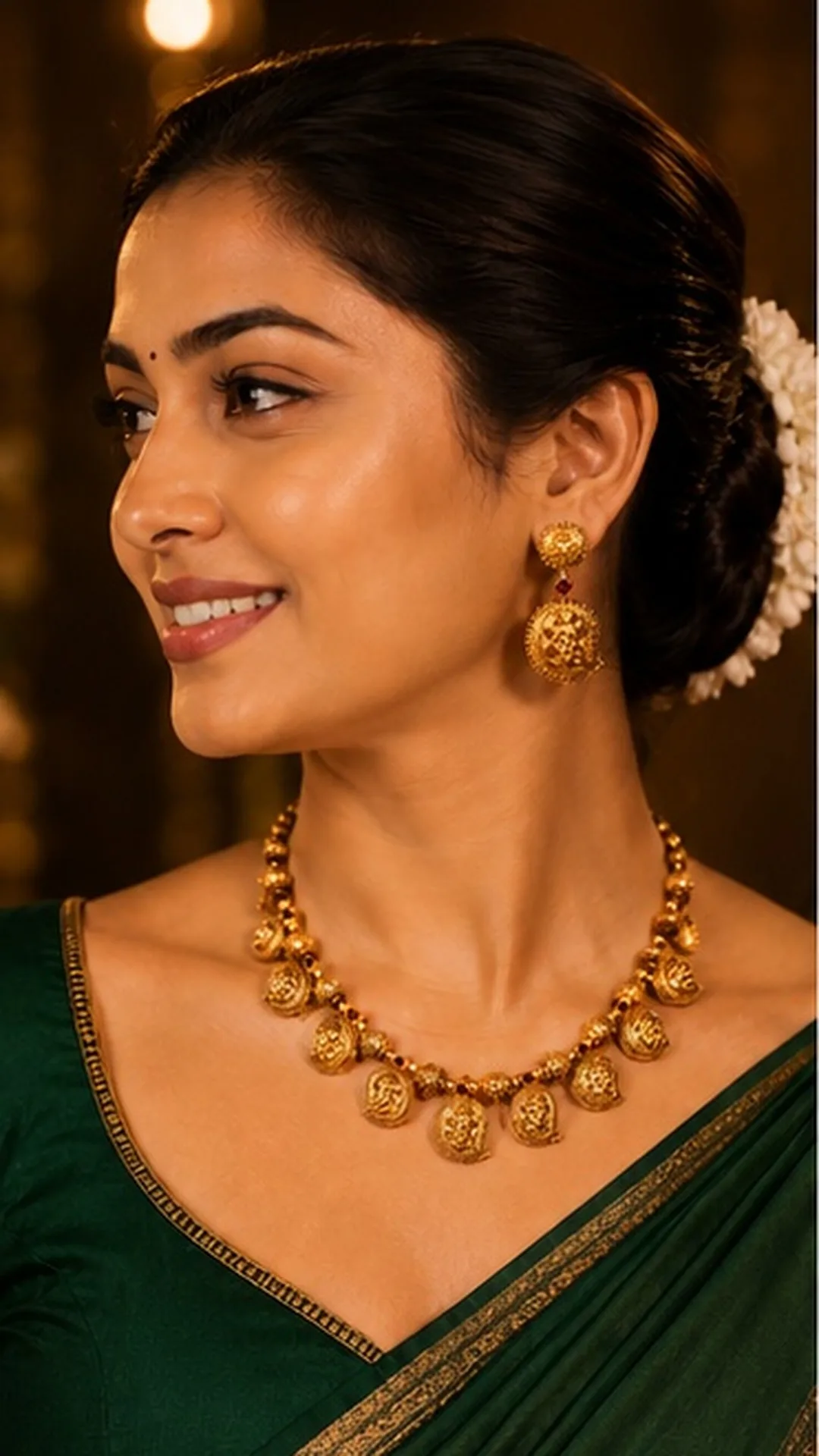 Model wearing a Mangai Signature antique gold coin necklace and jhumka earrings over a green silk saree