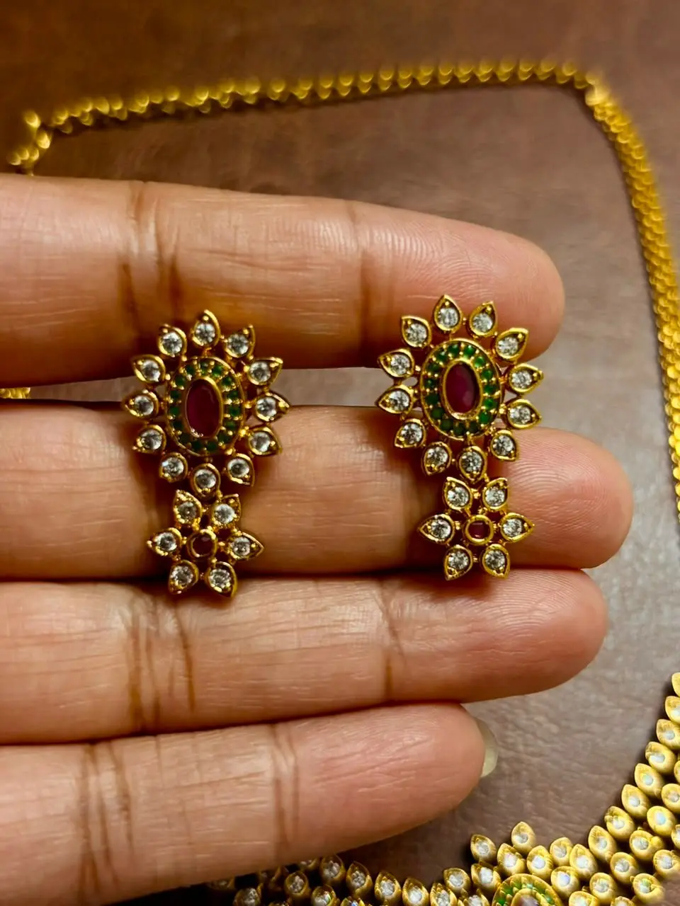 AD stoned Necklace with Ruby And Emarald Stone — view 3