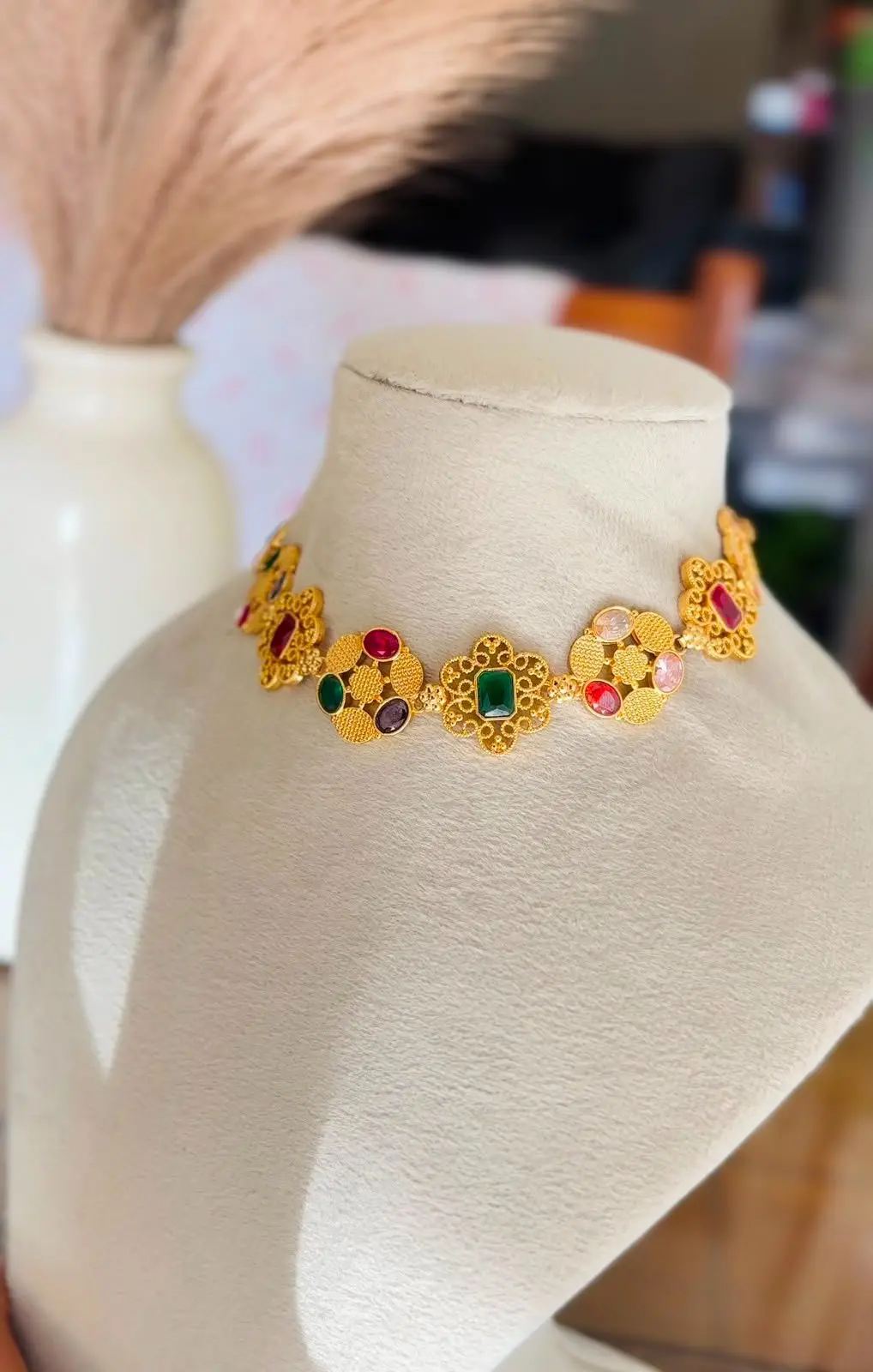 18K Gold Plated Navratna Bridal Choker Necklace — view 1
