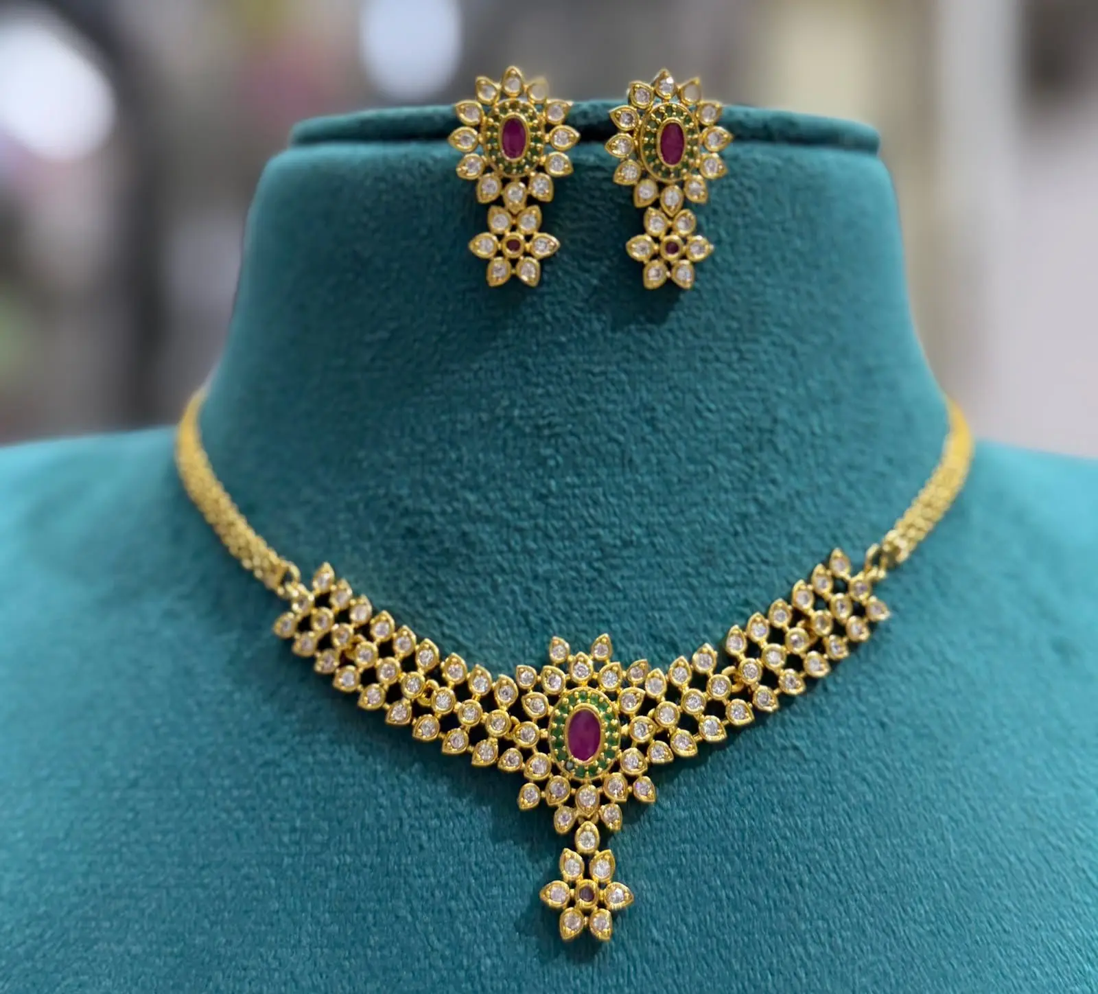 AD stoned Necklace with Ruby And Emarald Stone