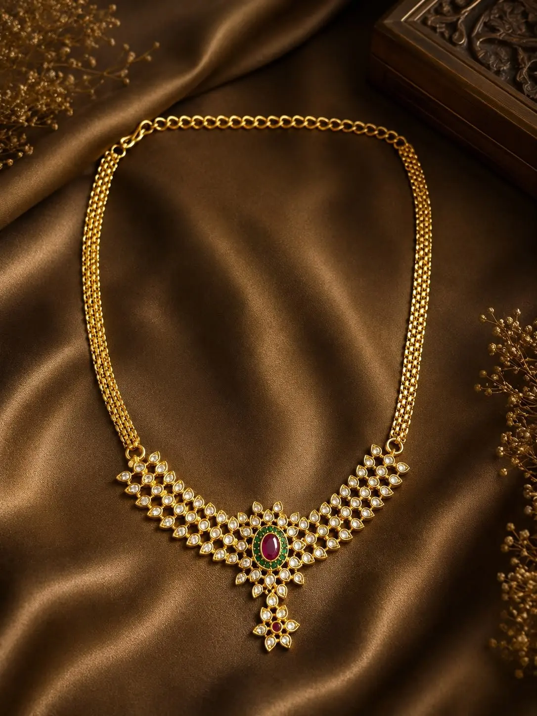 AD stoned Necklace with Ruby And Emarald Stone — view 2