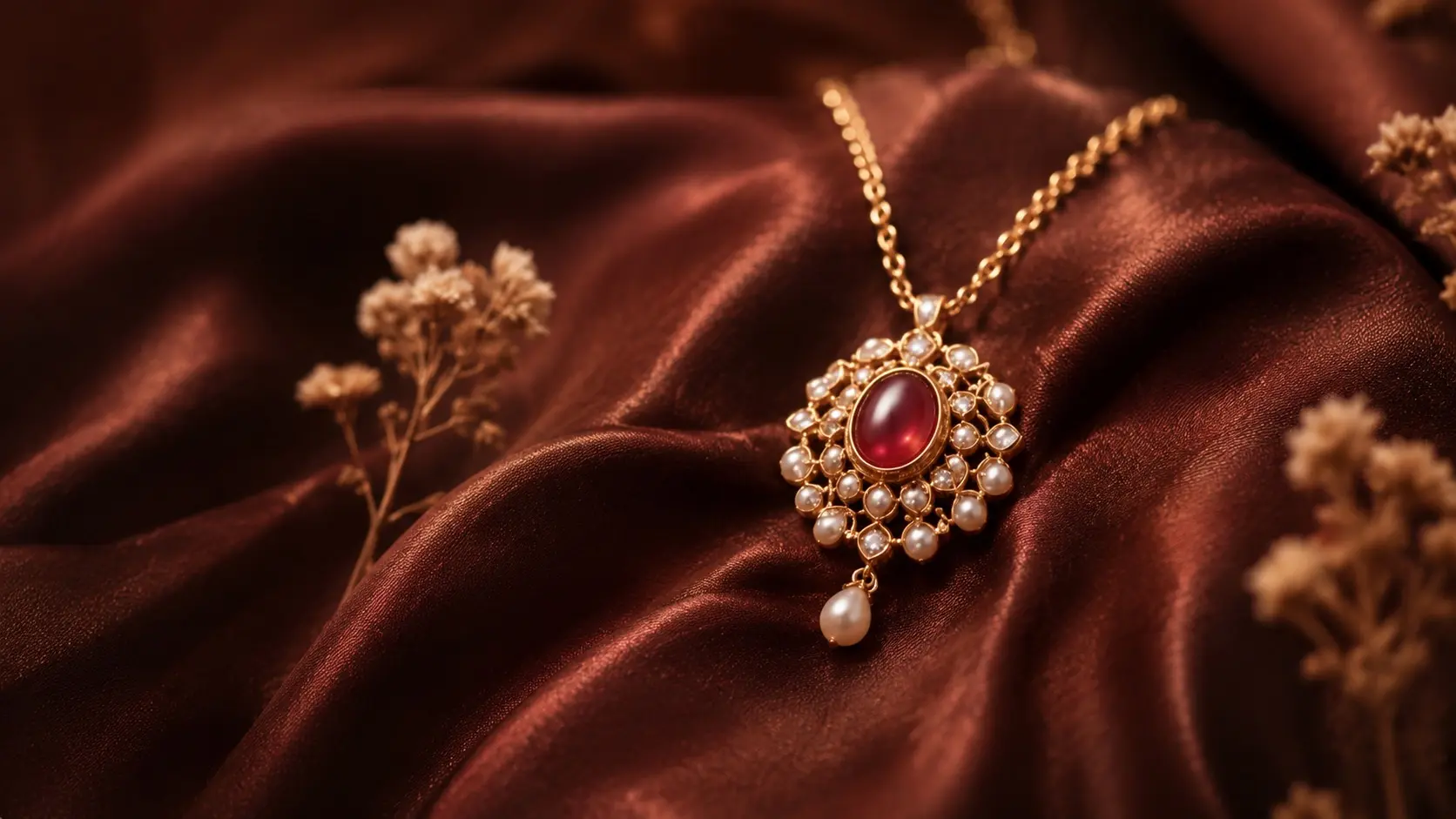 Ruby and pearl pendant on maroon silk