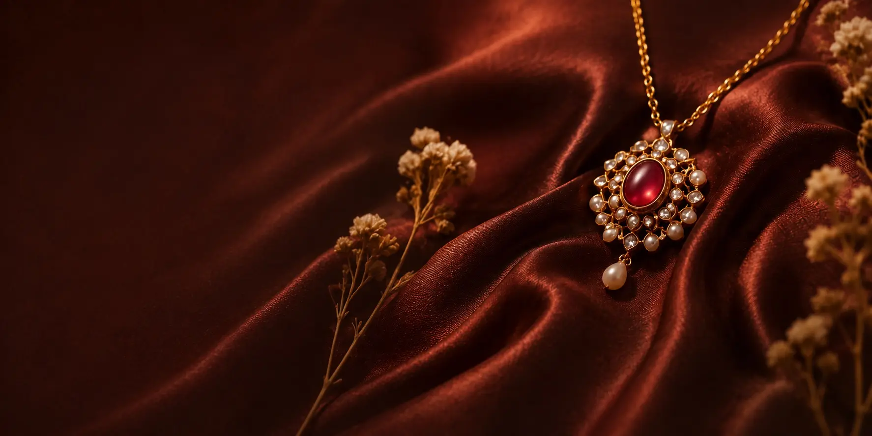 Ruby and pearl pendant on maroon silk